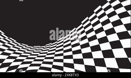 Abstract waved chess background. Warped texture with black and white squares. Trippy black and white checkered surface. Abstract monochrome backdrop Stock Vector