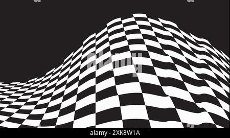 Abstract waved chess background. Warped texture with black and white squares. Trippy black and white checkered surface. Abstract monochrome backdrop Stock Vector