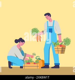 Character flat design couple farmers harvesting crops. Happy cartoon man and woman farmers. Concept of successful farming. Cartoon design vector illus Stock Vector