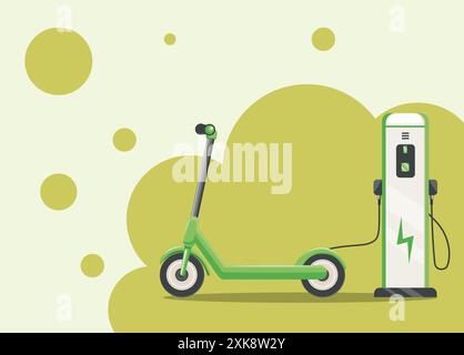 Ecological city transport illustration. Electric scooter charged from electric charging station. Kick scooter of green color, alternative energy. Stock Vector