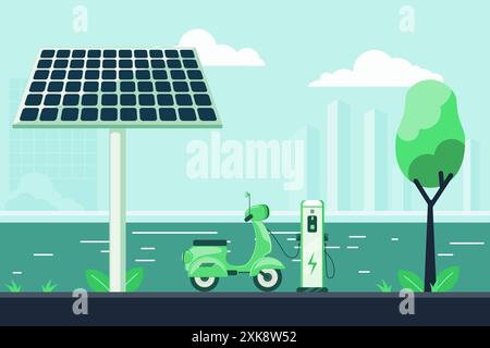 Solar battery and electric scooter charging on the waterfront. Modern city buildings in the distance. Stock Vector