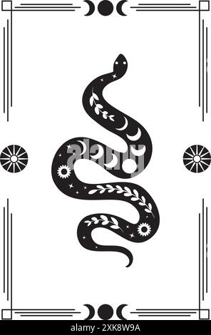 Rectangular frame with decorative floral snake in retro style. Abstract black serpent silhouette with floral elements inside. Stock Vector