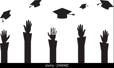 Graduation, getting education and learning concept. Silhouettes of hands of students university graduates throwing graduation hats in air, celebrating Stock Vector