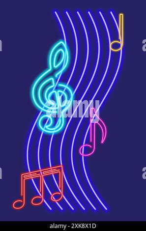 Neon glowing icon of colorful musical notes. Vector illustration of music note consisting of neon outlines. Music concept illustration for poster, fly Stock Vector