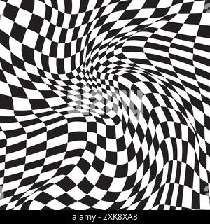 Checkered background with distortion effect. Abstract black and white background, distorted groovy twisted grid. Chessboard surface as abstract banner Stock Vector