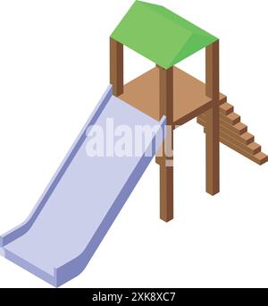 Children slide with wooden stairs and green roof for playing in the yard isometric view Stock Vector