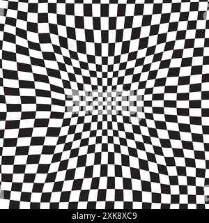 Checkered background with distortion effect. Abstract black and white background, distorted groovy twisted grid. Chessboard surface as abstract banner Stock Vector
