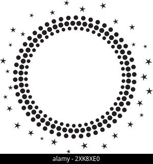 Minimal round frame with circles and stars. Vector decorative element, modern geometric frame with circles and stars silhouettes. Stock Vector