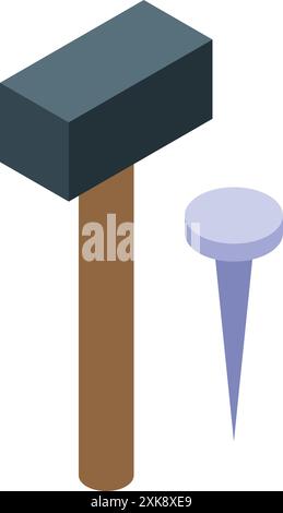 Sledge hammer standing near new metal nail isometric view isolated on white background Stock Vector