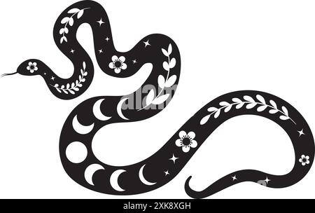 Twisted snake silhouette with leaves and flowers. Boho serpent with floral elements, decorative illustration. Stock Vector