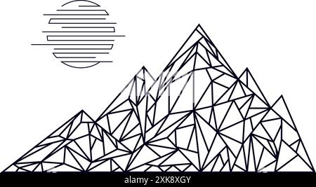 Abstract mountain polygonal outlined and striped sun illustration. Abstract retro geometric mountain and sun illustration design. Stock Vector