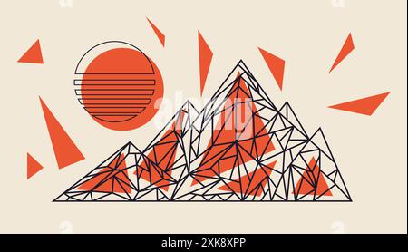 Abstract mountain polygonal outlined and striped sun illustration. Abstract retro geometric mountain and sun illustration design. Stock Vector