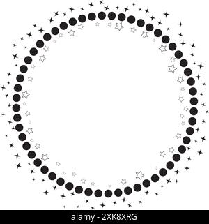 Minimal round frame with circles and stars. Vector decorative element, modern geometric frame with circles and stars silhouettes. Stock Vector
