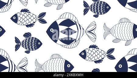 Decorative fishes illustration with simple patterns. Seamless pattern with abstract blue fishes. Stylized, decorative underwater creatures designs. Da Stock Vector