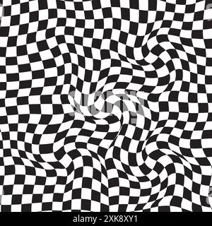 Checkered background with distortion effect. Abstract black and white background, distorted groovy twisted grid. Chessboard surface as abstract banner Stock Vector