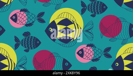 Decorative fishes illustration with simple patterns. Seamless pattern with abstract blue fishes. Stylized, decorative underwater creatures designs. Da Stock Vector