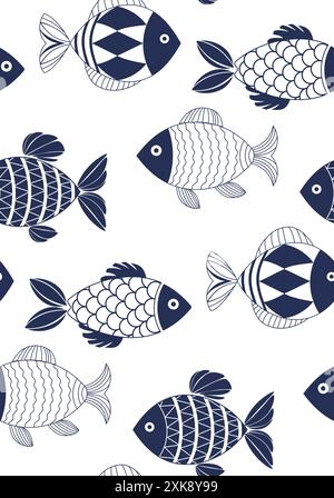 Decorative fishes illustration with simple patterns. Seamless pattern with abstract blue fishes. Stylized, decorative underwater creatures designs. Da Stock Vector