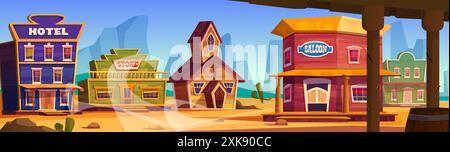 Wild west town or village landscape with wooden architecture. Cartoon vector illustration of empty western American city street with hotel and church, store and saloon, houses and buildings. Stock Vector