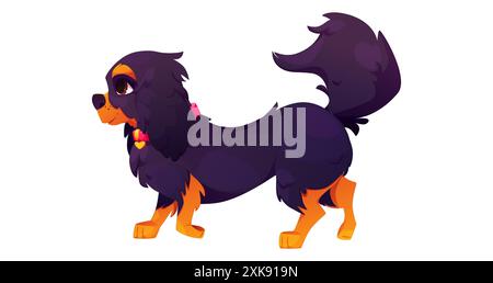 Cavalier charles king spaniel dog isolated cartoon. Black and brown nice running purebred pet character. Popular cute walking english puppy side with red collar and gold heart smiling clipart. Stock Vector