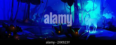 Fantasy magic glowing deer in dark night forest on shore of lake with fireflies, trees and reed under moonlight. Cartoon vector illustration of fairytale dream blue spirit or protector animal. Stock Vector