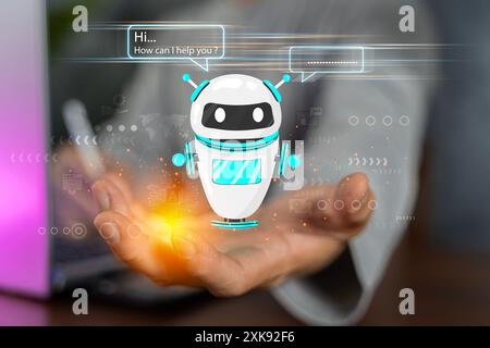 Digital chatbot, robot application, conversation assistant, AI Artificial Intelligence concept. Man using mobile smart phone, with digital chatbot on Stock Photo