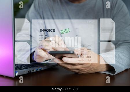 Document digital invoices or payment receipts on your smartphone. Payment and billing, business invoice, financial operations concept with invoice loc Stock Photo