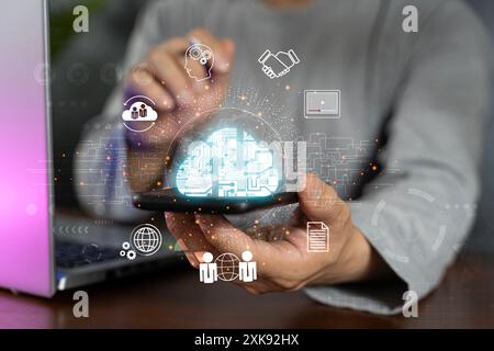 Man use Laptop with cloud computing diagram show on hand. Cloud technology. Data storage. Networking and internet service concept. Network confidentia Stock Photo
