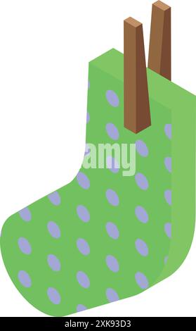 Green christmas stocking with blue polka dots is hanging and waiting to be filled with gifts Stock Vector