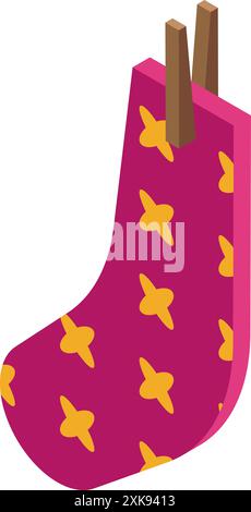 Pink christmas stocking with yellow stars is hanging on a wooden clothespin in this isometric illustration Stock Vector