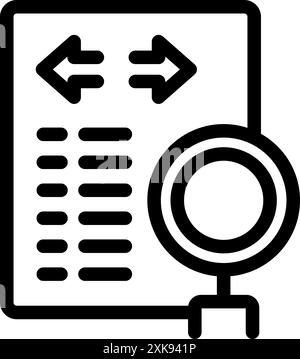 Magnifying glass is inspecting a document with arrows pointing in opposite directions, suggesting data transfer analysis Stock Vector