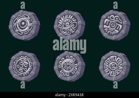 Vector design of stone symbols of ancient Aztec Civilization, hieroglyphs of the Maya calendar. Symbols for your 2D games or slots Stock Vector