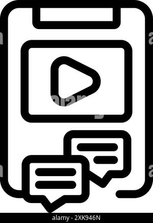 Line icon of a smartphone with video player and chat bubbles, depicting online communication Stock Vector