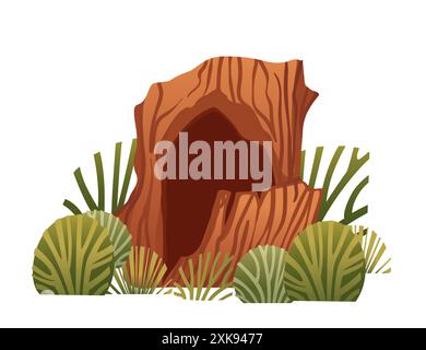 Large hollowed-out tree stump surrounded by short grass. Excellent for educational, environmental, and nature-themed projects. Vector illustration iso Stock Vector