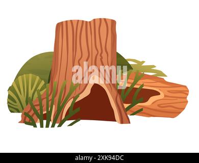 Tree stump vector with a hollow cavity. Ideal for deforestation, logging, and environmental awareness themes. Vector illustration isolated on white ba Stock Vector