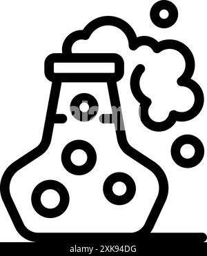 Line icon of a chemical reaction with bubbles happening in an erlenmeyer flask Stock Vector