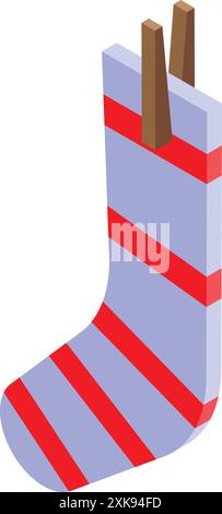 Purple christmas stocking with red stripes is hanging on the fireplace waiting to be filled with gifts Stock Vector