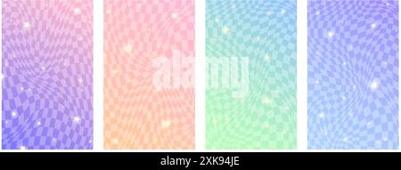 Checkered gradient background with stars. Set of pastel holographic kawaii backdrops. Abstract vector purple squared wallpapers for design. Stock Vector