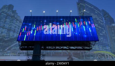 FOREX chart hologram on billboard, aerial night view of Bangkok It is a place developed for stock market researchers in Thailand, Asia. The concept of Stock Photo