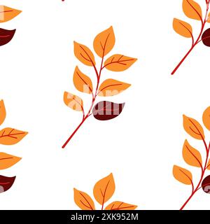 Seamless pattern. Simple Plant. Simple orange brown leaves on a branch. White background. Ornament in Scandinavian style. Hand drown. Flat vector illustration Stock Vector