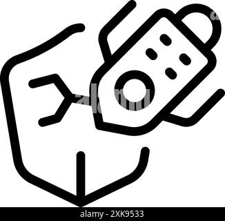 Line icon of a robotic arm placing a microchip on a circuit board, representing automated electronics manufacturing Stock Vector