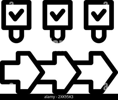 Simple icon of a three step business process showing tasks moving forward with check marks indicating completion Stock Vector