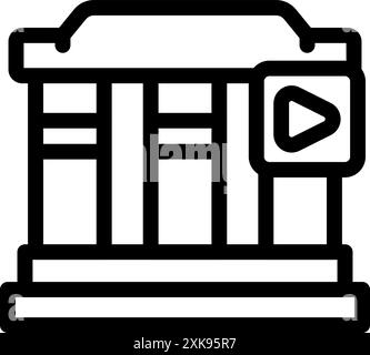 Online museum concept with building icon and play button, simple black and white bold line icon Stock Vector