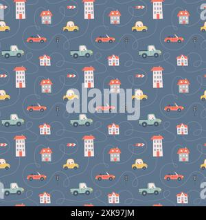 Kids seamless pattern with car, bus and road. Perfect for fabric , digital paper, cards. Stock Vector