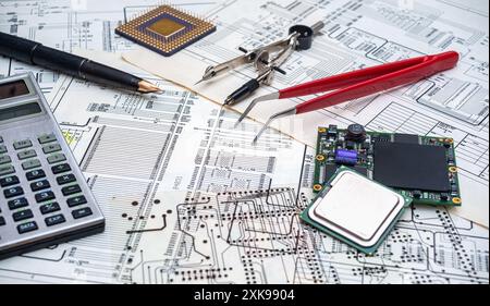 Electronic components and tools on an engineering blueprint for circuit board design. Microchips, calculator, pen and tweezers arranged for a technica Stock Photo