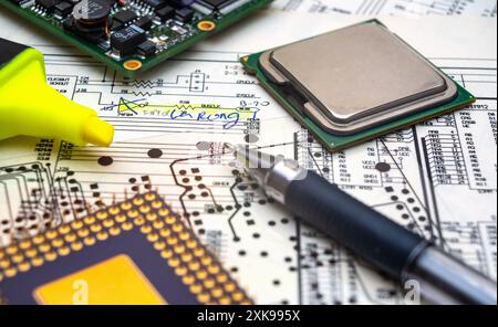 Electronic components and tools on an engineering blueprint for circuit board design. Stock Photo