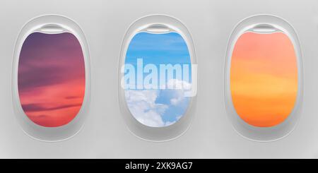 Look out the window of the plane to the beautiful blue sky and clouds. Airplane porthole in the evening ambient atmosphere with clouds sunset visible Stock Photo