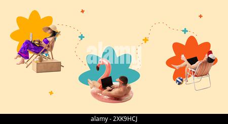 Contemporary art collage. Young people working remotely in summer settings connected with dashed lines against pastel background. Stock Photo