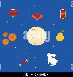 A Set of Moon Festival vector items. Mid autumn festival. Moon, Mooncake, Bunny, Lantern, Pomelo, Fan, Koinobori, Stars. Stock Vector
