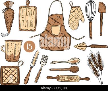 Vintage vector retro set illustration kitchen supplies utensils apron gloves spoons forks measuring cup oven mitt wheat rolling pin cutting board spatula Stock Vector