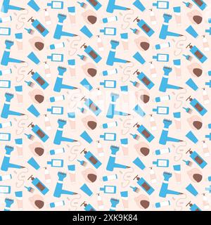 Seamless pattern array of hairstyling tools and products, from combs to hair dryers and bottles, in a stylish. Beauty and salon themes. Vector outline Stock Vector